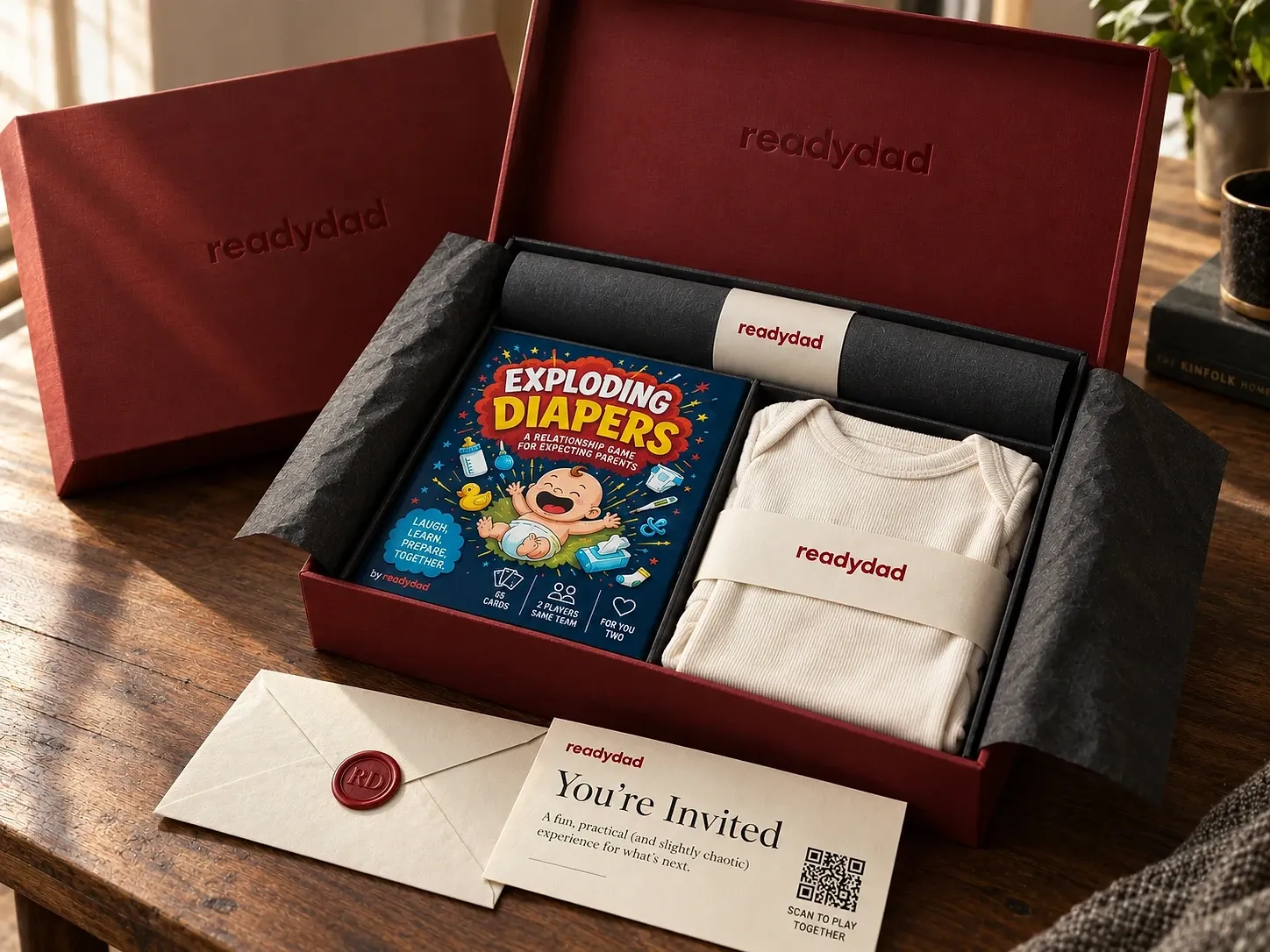 Red Ready Dad gift box, opened, with a card game, a rolled-up poster, a baby bodysuit and an invitation card